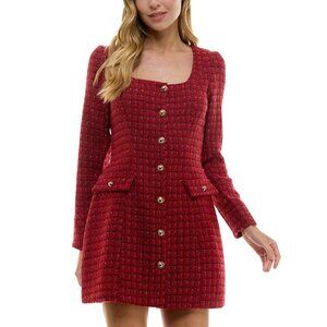 NWT City Studios Juniors Herringbone Tweed Mini Dress 1921YT1BT1 Red Lilac 9/10